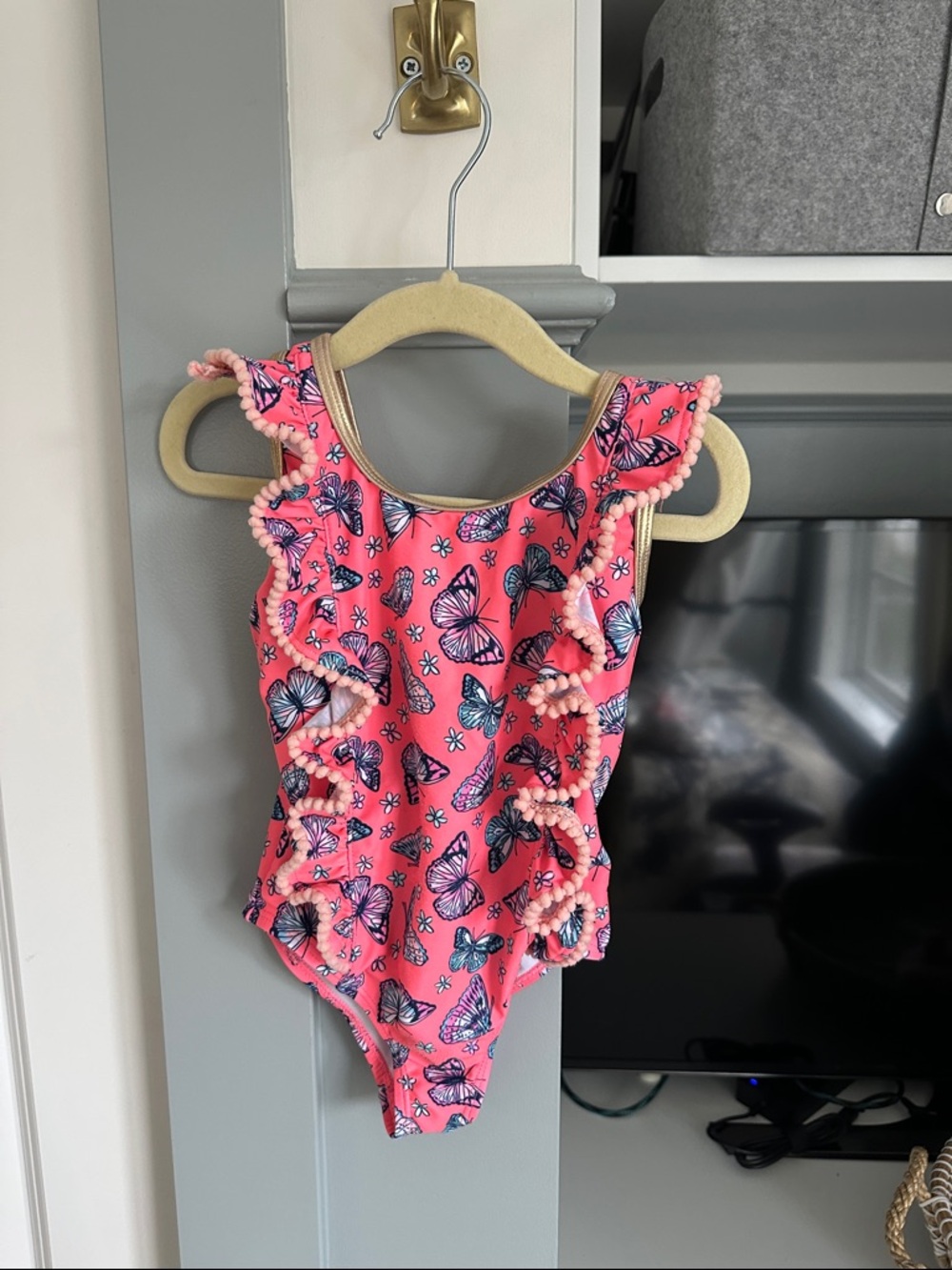 Girls Pink Butterfly Ruffle One-Piece Swimsuit